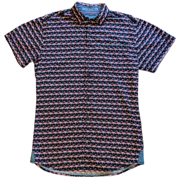 Good Vibes men's flamingo shirt black and pink button down slim fit size S - Picture 1 of 8